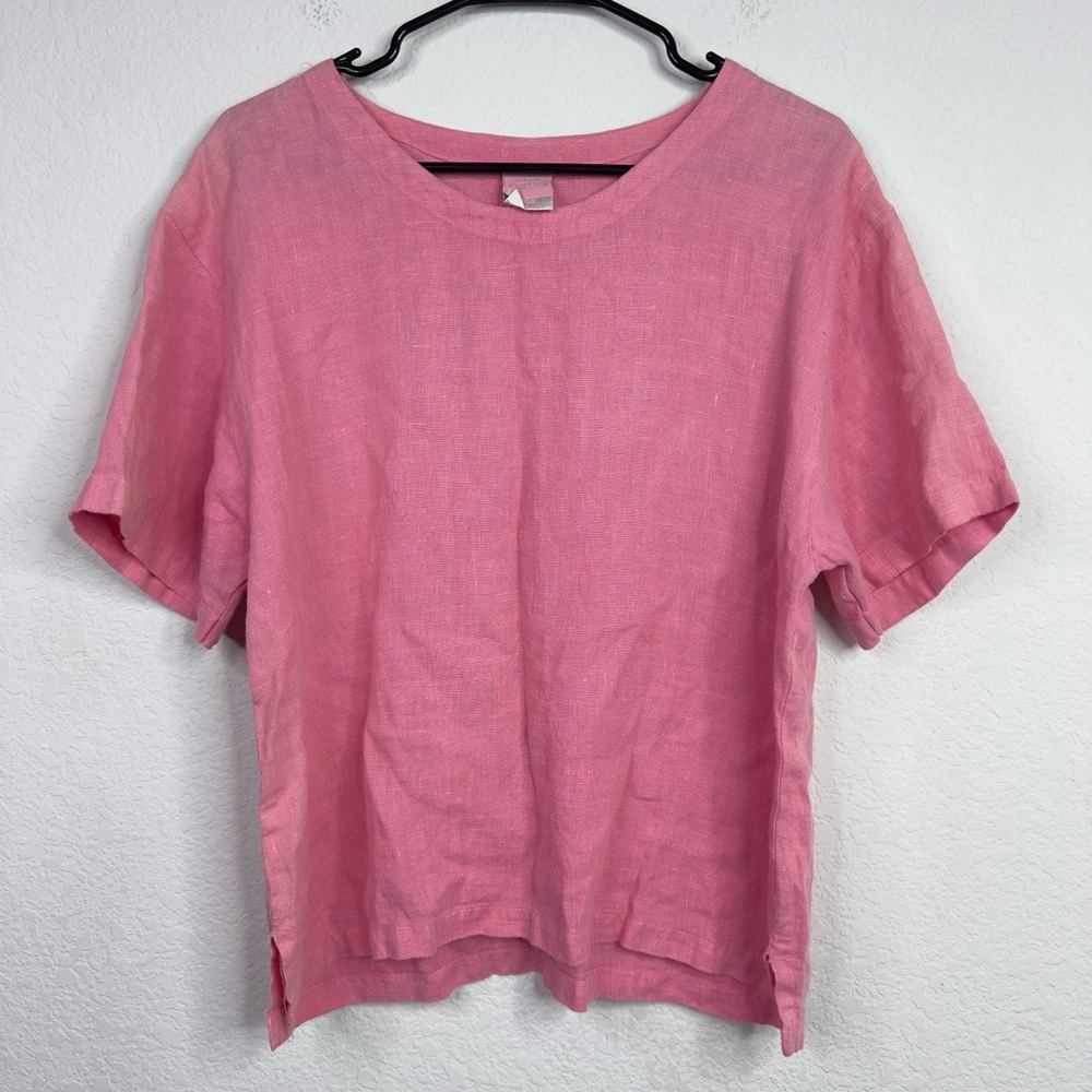 Cotton Connection Shirt Womens M Pink Linen Short Sleeve Coastal Vacation Napoli